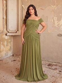Aureia Plus Size Elegant Romantic Green Off-Shoulder Ruched Patchwork A-Line Evening Dress, Suitable For Evening Party, Date, Ball, Vacation, Wedding, Event, Bridesmaid Dress - Green - View 3