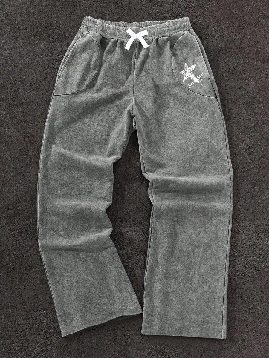 SHEIN 青少年男孩休閒日常百搭舒適灰色水洗做舊效果印花直筒寬鬆運動長褲,適合返校、生日派對、晚餐、表演、婚禮、洗禮、開學典禮等,適合日常穿著、學校、旅行、運動,適用於春季、夏季 - 灰色 - 查看 1