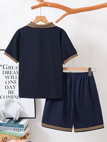 2pcs/Set Tween Boy Navy Blue Summer Back-To-School Outfit,Casual Color Block Collar Patch Short Sleeve Polo Shirt And Elastic Waist Shorts,For School - Navy Blue - View 2