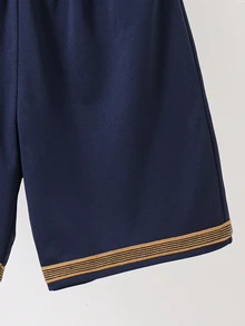2pcs/Set Tween Boy Navy Blue Summer Back-To-School Outfit,Casual Color Block Collar Patch Short Sleeve Polo Shirt And Elastic Waist Shorts,For School - Navy Blue - View 5
