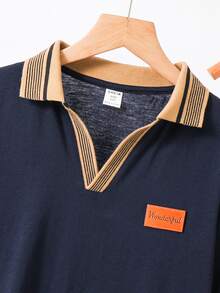 2pcs/Set Tween Boy Navy Blue Summer Back-To-School Outfit,Casual Color Block Collar Patch Short Sleeve Polo Shirt And Elastic Waist Shorts,For School - Navy Blue - View 4