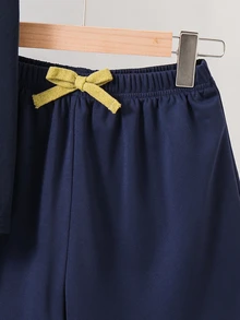 2pcs/Set Tween Boy Navy Blue Summer Back-To-School Outfit,Casual Color Block Collar Patch Short Sleeve Polo Shirt And Elastic Waist Shorts,For School - Navy Blue - View 7