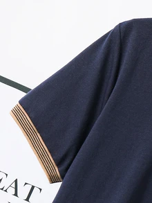 2pcs/Set Tween Boy Navy Blue Summer Back-To-School Outfit,Casual Color Block Collar Patch Short Sleeve Polo Shirt And Elastic Waist Shorts,For School - Navy Blue - View 3