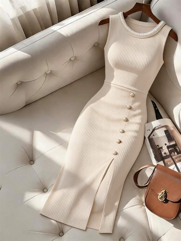 SHEIN Franclia Women's White Summer Elegant Tea Party Pearl-Embellished Crew Neck Sleeveless Knit Dress,Decorative Button Slit Long Dress For Office Date Vacation - Apricot - View 1
