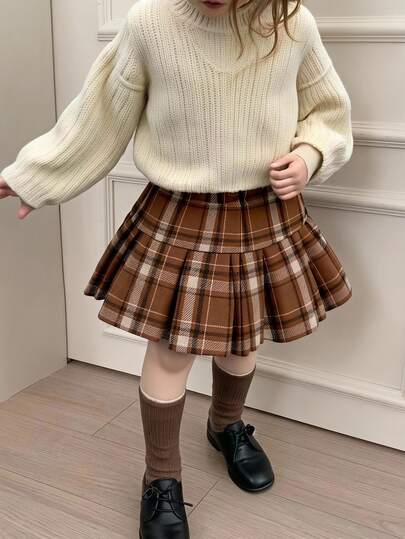 SHEIN 1件少女復古格紋裙，棕色休閒JK風鬆緊腰百褶裙，適合春秋冬季日常穿著