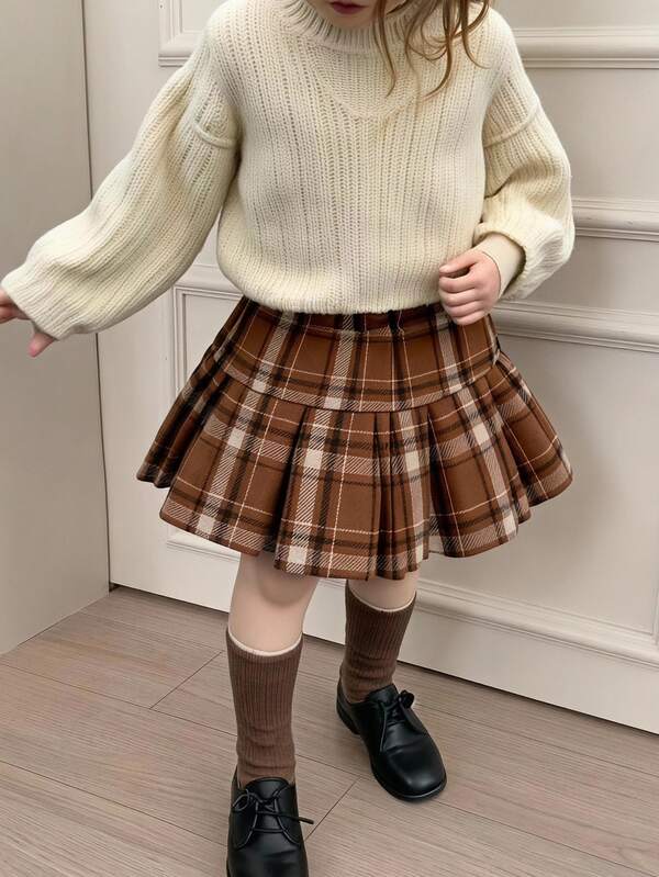 SHEIN 1件少女復古格紋裙，棕色休閒JK風鬆緊腰百褶裙，適合春秋冬季日常穿著
