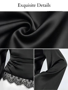 SOLERSUN Women's Lace Patchwork Asymmetric Shoulder Bell Sleeve Satin Blouse Elegant Night Out Cocktail Party Black Autumn - Black - View 9