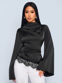 SOLERSUN Women's Lace Patchwork Asymmetric Shoulder Bell Sleeve Satin Blouse Elegant Night Out Cocktail Party Black Autumn - Black - View 7