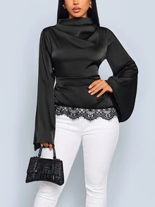 SOLERSUN Women's Lace Patchwork Asymmetric Shoulder Bell Sleeve Satin Blouse Elegant Night Out Cocktail Party Black Autumn - Black - View 8