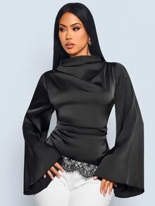 SOLERSUN Women's Lace Patchwork Asymmetric Shoulder Bell Sleeve Satin Blouse Elegant Night Out Cocktail Party Black Autumn - Black - View 5