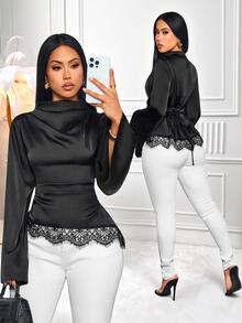 SOLERSUN Women's Lace Patchwork Asymmetric Shoulder Bell Sleeve Satin Blouse Elegant Night Out Cocktail Party Black Autumn - Black - View 3
