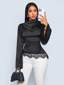 SOLERSUN Women's Lace Patchwork Asymmetric Shoulder Bell Sleeve Satin Blouse Elegant Night Out Cocktail Party Black Autumn - Black - View 4
