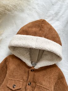 SHEIN Vintaside Kids 男嬰簡約復古燈芯絨保暖內裡連帽長袖連身衣，適合日常穿著、外出與運動，秋冬完美選擇 - 棕色 - 查看 10