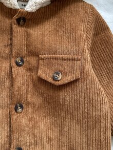 SHEIN Vintaside Kids 男嬰簡約復古燈芯絨保暖內裡連帽長袖連身衣，適合日常穿著、外出與運動，秋冬完美選擇 - 棕色 - 查看 9