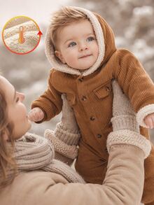 SHEIN Vintaside Kids 男嬰簡約復古燈芯絨保暖內裡連帽長袖連身衣，適合日常穿著、外出與運動，秋冬完美選擇 - 棕色 - 查看 5