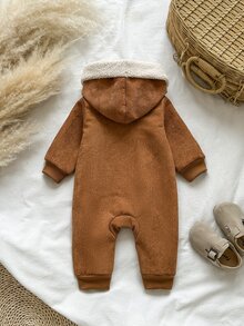 SHEIN Vintaside Kids 男嬰簡約復古燈芯絨保暖內裡連帽長袖連身衣，適合日常穿著、外出與運動，秋冬完美選擇 - 棕色 - 查看 2