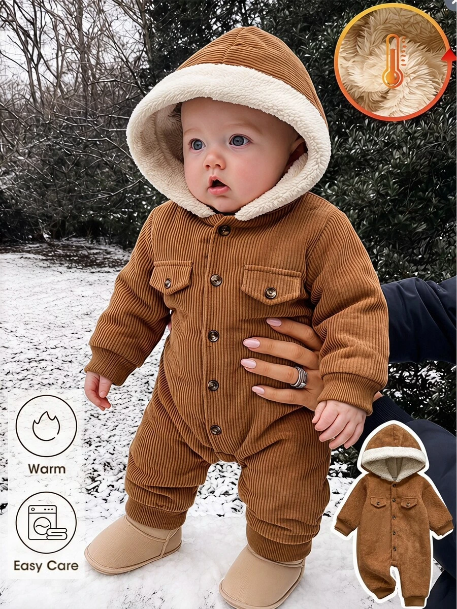 SHEIN Vintaside Kids 男嬰簡約復古燈芯絨保暖內裡連帽長袖連身衣,適合日常穿著、外出與運動,秋冬完美選擇 - 棕色 - 查看 1