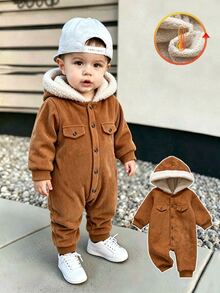 SHEIN Vintaside Kids 男嬰簡約復古燈芯絨保暖內裡連帽長袖連身衣，適合日常穿著、外出與運動，秋冬完美選擇 - 棕色 - 查看 3