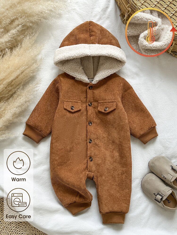 SHEIN Vintaside Kids Baby Boys Simple Retro Cute Unisex Corduroy Thermal Lined Hooded Long Sleeve Jumpsuit Suitable For Daily Wear Outings Sports Autumn/Winter Brown - Brown - View 6