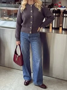 Dripcurv Plus Size Women's Solid Color Casual Versatile Daily Wear Cardigan Winter - Coffee Brown - View 5