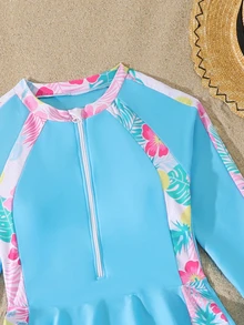 SHEIN 青少年女孩長袖葉子印花拉鍊泳裝，粉色葉子圖案泳裙與長褲兩件式泳裝套裝，適合海灘、游泳、度假 - 藍色 - 查看 3