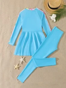 SHEIN 青少年女孩長袖葉子印花拉鍊泳裝，粉色葉子圖案泳裙與長褲兩件式泳裝套裝，適合海灘、游泳、度假 - 藍色 - 查看 2