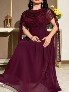 Feyla Plus Size Women's Contrast Lace Pleated Elegant Dress - Burgundy - View 3