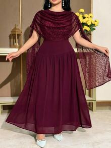 Feyla Plus Size Women's Contrast Lace Pleated Elegant Dress - Burgundy - View 7