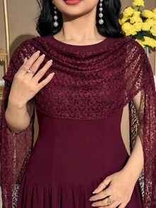 Feyla Plus Size Women's Contrast Lace Pleated Elegant Dress - Burgundy - View 5
