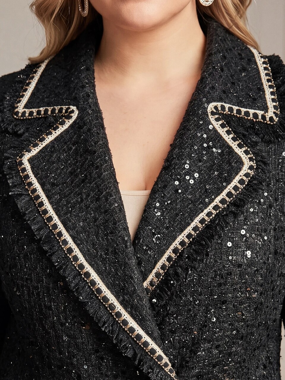MOTF PLUS SIZE WOMEN FALL WINTER TWEED SEQUINS CONTRAST TAPE TRIM LAPEL COLLAR DOUBLE BREASTED PLACKET OVERCOAT