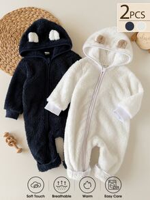 SHEIN Vintaside Kids 秋冬嬰兒法蘭絨連身衣，加厚珊瑚絨爬行服，新生兒連帽拉鍊外套 - 彩色 - 查看 3
