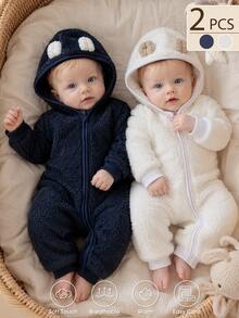 SHEIN Vintaside Kids 秋冬嬰兒法蘭絨連身衣，加厚珊瑚絨爬行服，新生兒連帽拉鍊外套 - 彩色 - 查看 1