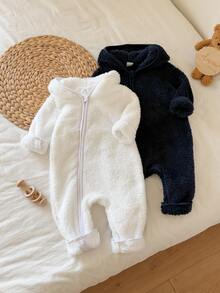 SHEIN Vintaside Kids 秋冬嬰兒法蘭絨連身衣，加厚珊瑚絨爬行服，新生兒連帽拉鍊外套 - 彩色 - 查看 6