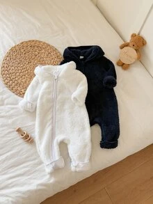 SHEIN Vintaside Kids 秋冬嬰兒法蘭絨連身衣，加厚珊瑚絨爬行服，新生兒連帽拉鍊外套 - 彩色 - 查看 5