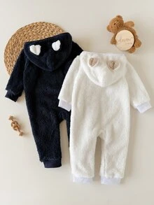 SHEIN Vintaside Kids 秋冬嬰兒法蘭絨連身衣，加厚珊瑚絨爬行服，新生兒連帽拉鍊外套 - 彩色 - 查看 2