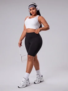 SHEIN Sports Women's Plus Size Simple Tight Fit Athletic Shorts For Fitness - Black - View 3