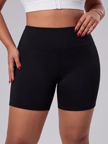 SHEIN Sports Women's Plus Size Simple Tight Fit Athletic Shorts For Fitness - Black - View 2