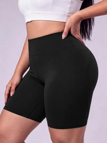 SHEIN Sports Women's Plus Size Simple Tight Fit Athletic Shorts For Fitness - Black - View 5