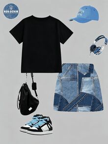 SHEIN 少女休閒時尚愛心圖案短袖圓領T恤搭配拼接工裝裙套裝，舒適時尚穿搭，休閒穿著，春夏套裝，新風格，輕鬆舒適，春季氛圍，休閒夏季度假 - 彩色 - 查看 3
