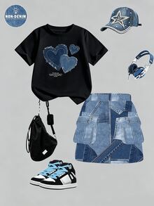 SHEIN 少女休閒時尚愛心圖案短袖圓領T恤搭配拼接工裝裙套裝，舒適時尚穿搭，休閒穿著，春夏套裝，新風格，輕鬆舒適，春季氛圍，休閒夏季度假 - 彩色 - 查看 2