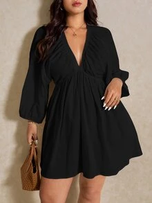 Shapeblank 大尺碼休閒純色燈籠袖洋裝 飄逸優雅 春夏秋款 - 黑色 - 查看 6