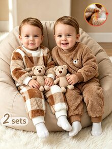 SHEIN Vintaside Kids 4件/2套男嬰幼兒新生兒0-3歲秋冬休閒可愛熊圖案刺繡毛絨格紋圓領長袖衛衣褲套裝，適合日常穿著與外出，適用春/秋/冬 - 棕色 - 查看 3