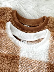 SHEIN Vintaside Kids 4件/2套男嬰幼兒新生兒0-3歲秋冬休閒可愛熊圖案刺繡毛絨格紋圓領長袖衛衣褲套裝，適合日常穿著與外出，適用春/秋/冬 - 棕色 - 查看 9