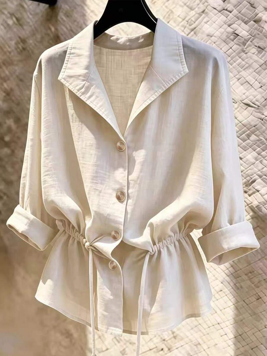 Franclia New Women's Plus Size Slouchy Casual Loose Slimming Drawstring Long Sleeve Shirt - Apricot - View 1