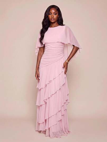 Lumalex Robe longue pour femmes, automne-hiver, en maille douce et fluide, multicouche, asymétrique, avec volants et taille cintrée, style châle, élégante et raffinée, de l'aube au gala, pour faire briller votre beauté