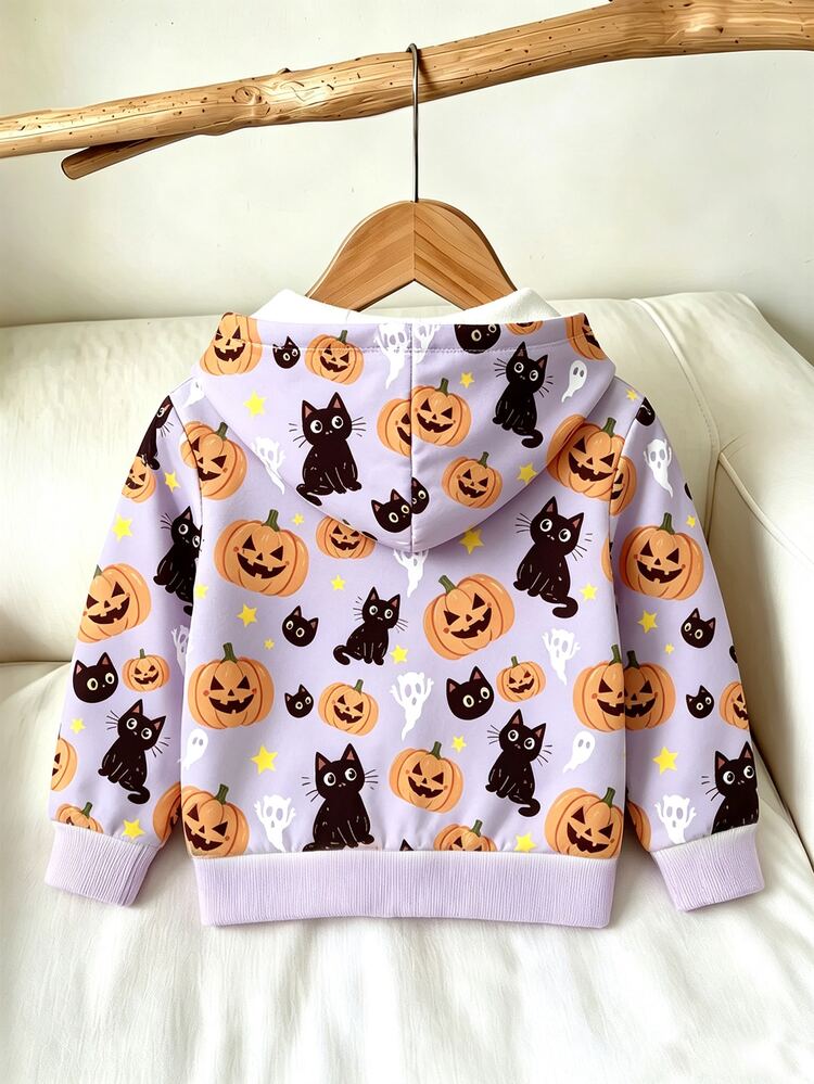 Baby Girls' Halloween Zipper Hooded Jacket, Light Purple All-Over Print Design With Pumpkin, Black Cat, Ghost And Star Patterns, Infant Toddler Casual Long Sleeve Hooded Sweatshirt, Suitable For Autumn And Winter Daily Wear - Multicolor - View 2