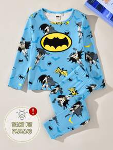 BATMAN X SHEIN 85th 男童卡通全图案印花弹力针织圆领上衣和裤子紧身睡衣 - 淺藍色 - 查看 1