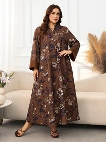 Lacomfia Gaun Kasual Minimalis Motif Penuh Kerah Tegak Potongan Lengan Panjang Longgar Regular Fit Ukuran Plus untuk Musim Semi dan Gugur - MultiWarna - View 6