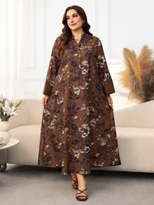 Lacomfia Gaun Kasual Minimalis Motif Penuh Kerah Tegak Potongan Lengan Panjang Longgar Regular Fit Ukuran Plus untuk Musim Semi dan Gugur - MultiWarna - View 4