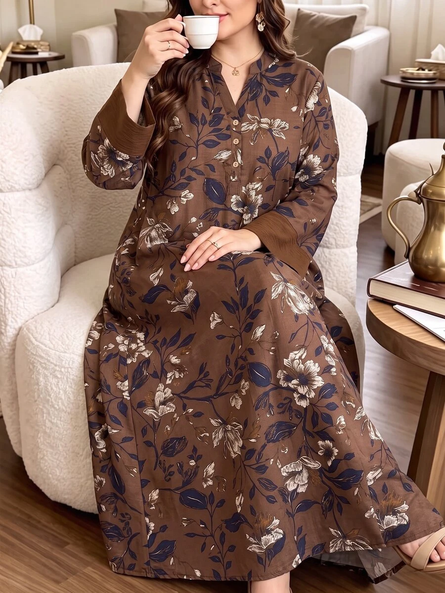 Lacomfia Gaun Kasual Minimalis Motif Penuh Kerah Tegak Potongan Lengan Panjang Longgar Regular Fit Ukuran Plus untuk Musim Semi dan Gugur - MultiWarna - View 1